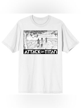 Attack on Titan 100% Cotton White Graphic Tee Characters running to tree Size XL